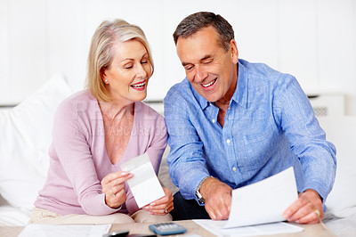 Buy stock photo Home, finance and senior couple with documents, savings and mortgage debt with insurance checklist, budget and asset management. Apartment, old woman and mature man with paperwork and retirement fund