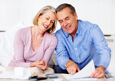 Buy stock photo Home, financial and senior couple with documents, taxes and mortgage debt with insurance checklist, invest and asset management. Apartment, old woman and mature man with paperwork and retirement fund