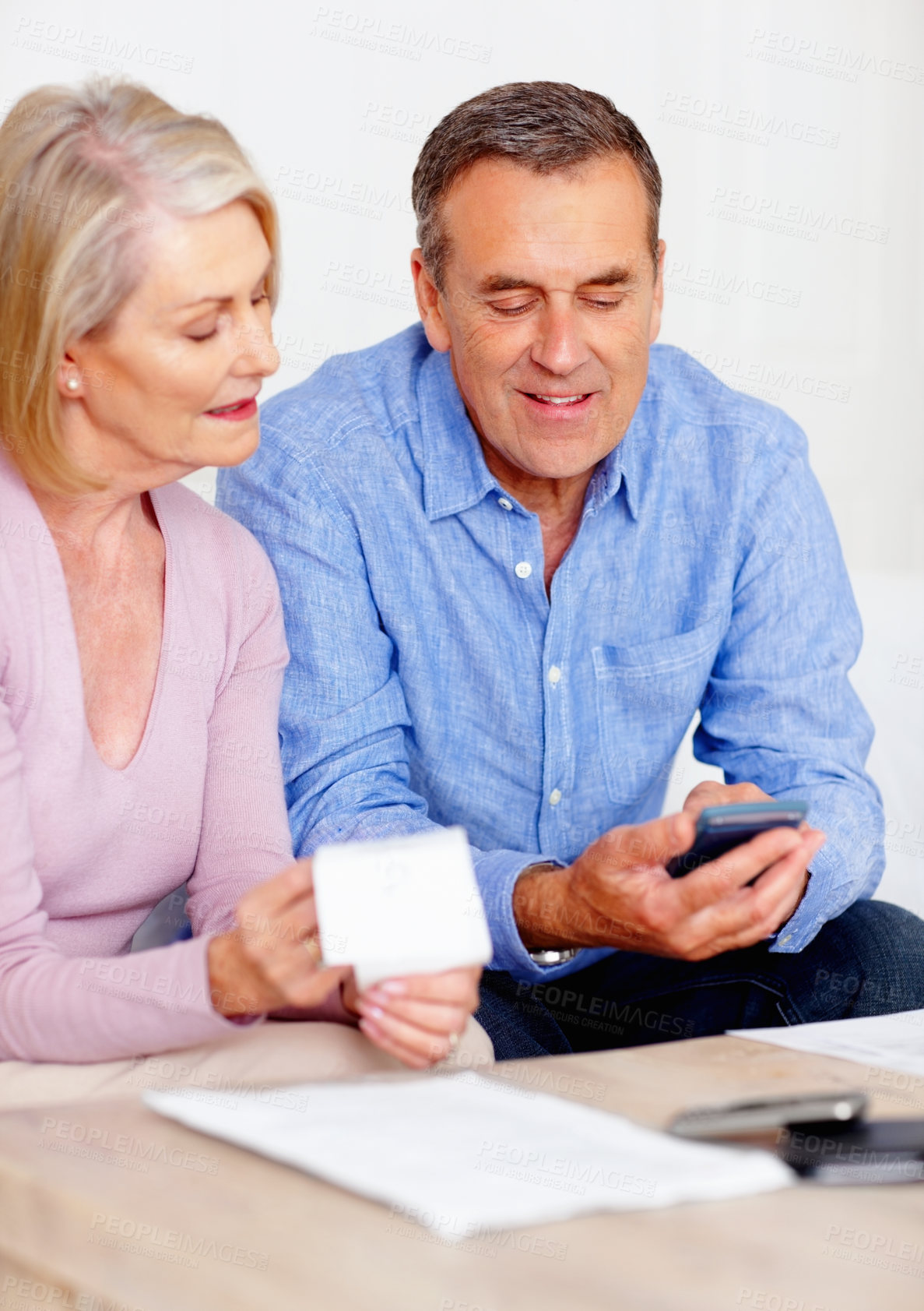 Buy stock photo Receipt, calculator or senior couple with computer in home for retirement savings or pension planning. Profit growth, financial investment or mature man talking to a woman for house bills or budget 