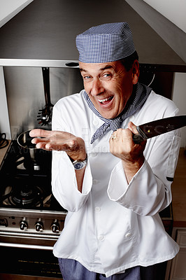 Buy stock photo Portrait, chef and happy man with knife for cooking, choice or laughing in restaurant. Face, blade and professional with kitchen utensil for catering service, hospitality and mature person shrugging