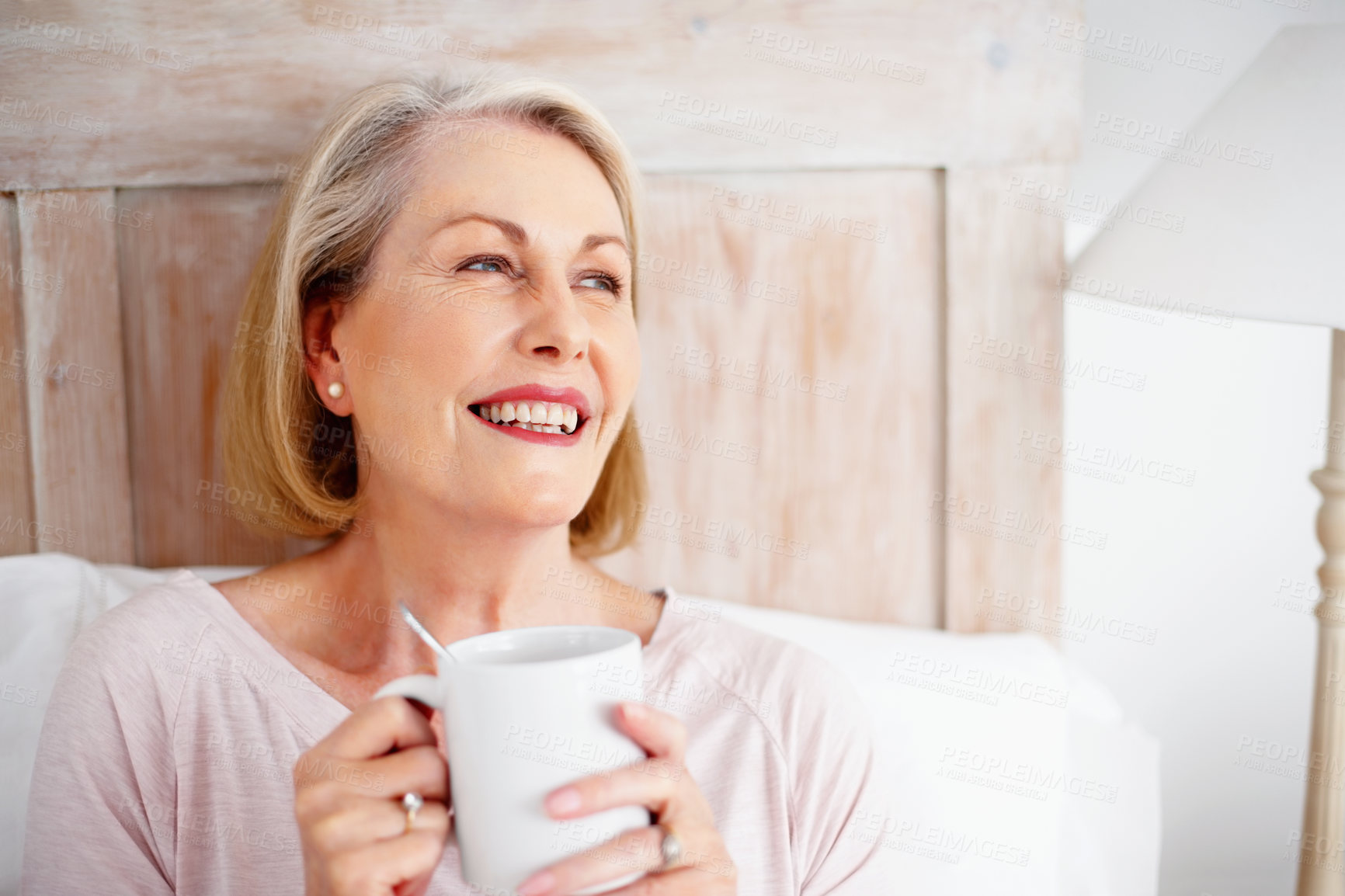 Buy stock photo Senior woman, happy and drinking tea in bedroom for relax or comfort on weekend with break, rest and reflection. Elderly, female person and remembering in thinking, morning routine and memory in home