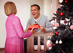 Cheerful mature man with wife holding gift near a Christmas tree