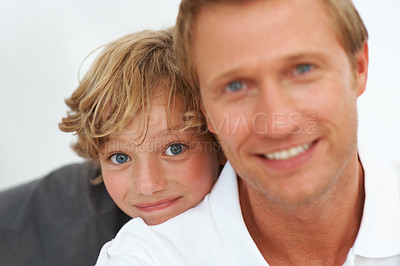 Buy stock photo Portrait, face and child smile with dad for love, care and bonding together in studio isolated on white background. Fathers day, young boy kid and happy for childhood development, support or relaxing