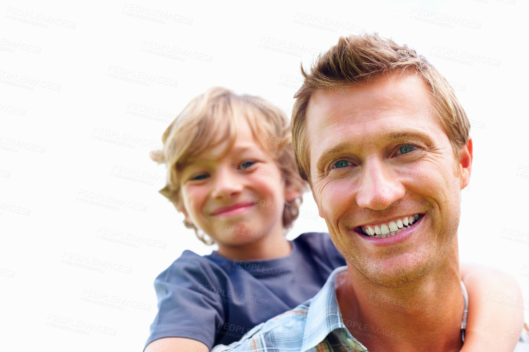 Buy stock photo Father, son and portrait with happy or piggyback for bonding, relationship and freedom with mock up space. Family, man and boy child with playing, care and love for excitement, peace and support