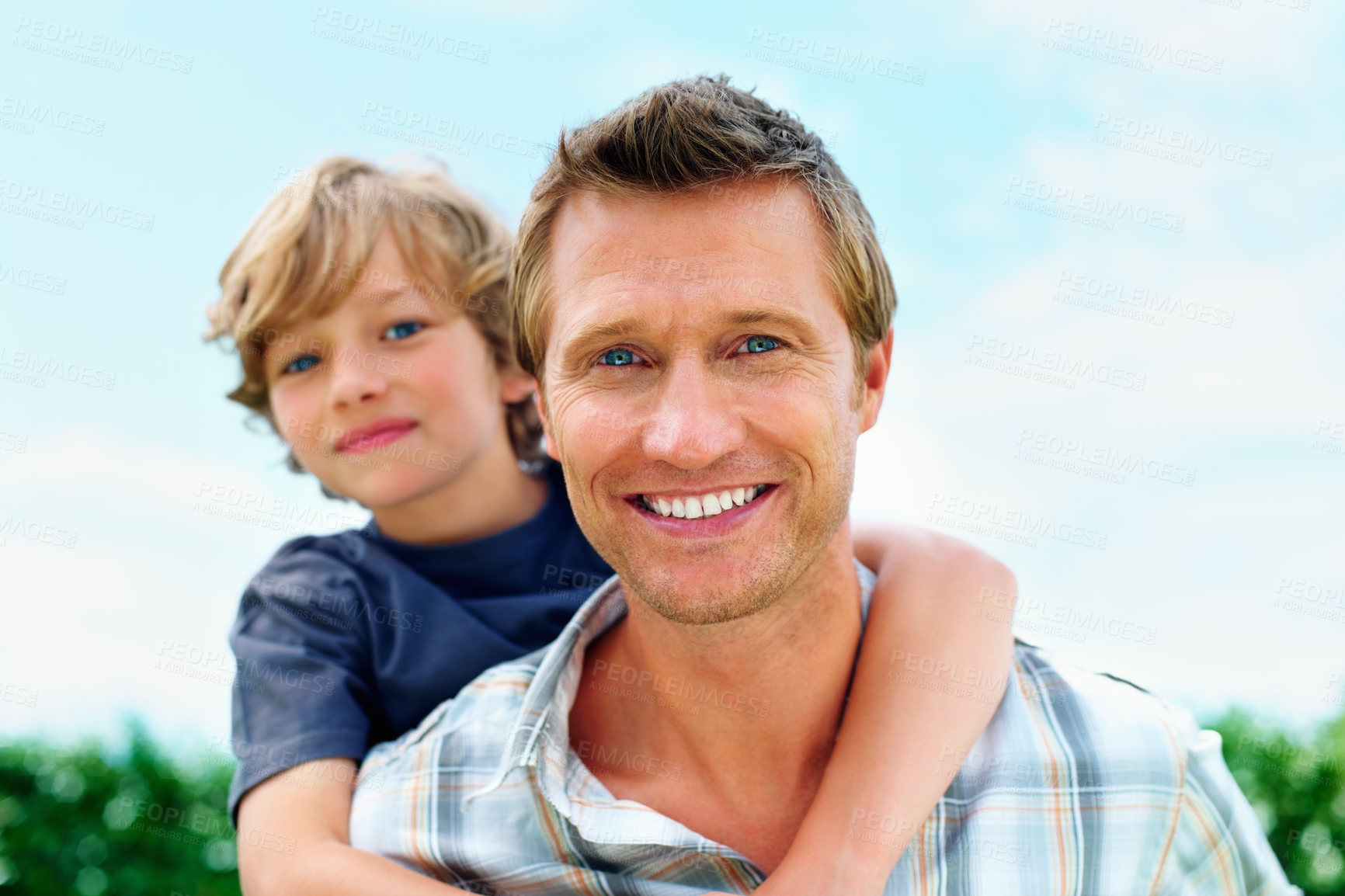 Buy stock photo Father, son and portrait outdoor with piggyback for bonding, relationship and freedom with blue sky or happy. Family, man and boy child in nature with care and love for excitement, peace and support