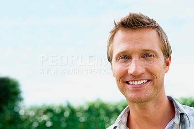 Buy stock photo Man, portrait or smile outdoor in garden with confidence, casual style or trendy outfit and blue sky. Person, face or happy in backyard of home with pride, relax and peace on weekend or mock up space