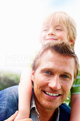 Buy stock photo Father, son and happy outdoor with piggyback for bonding, relationship and freedom with blue sky in nature. Family, man and boy child with playing, care and love for excitement, peace and support