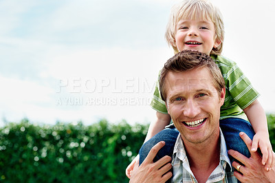 Buy stock photo Father, son and portrait or smile with piggyback for bonding, relationship and freedom with blue sky in garden. Family, man and boy child with playing, care and love for excitement, peace and support