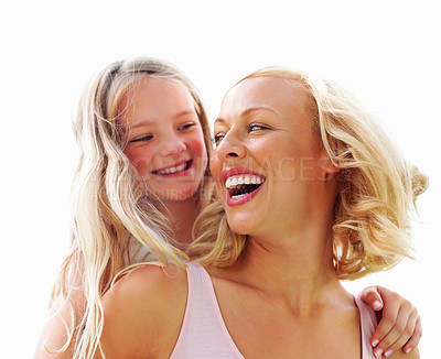 Buy stock photo Mother, daughter and laughing with piggyback for bonding, relationship and freedom on white background. Family, girl kid and woman with play, care and love for happy, peace or support with mock up