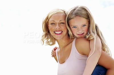 Buy stock photo Portrait, piggy back and mother with girl, love or smile with happiness, bonding together or outdoor. Face, family or mama carrying daughter with joy, play or fun on white background and mockup space