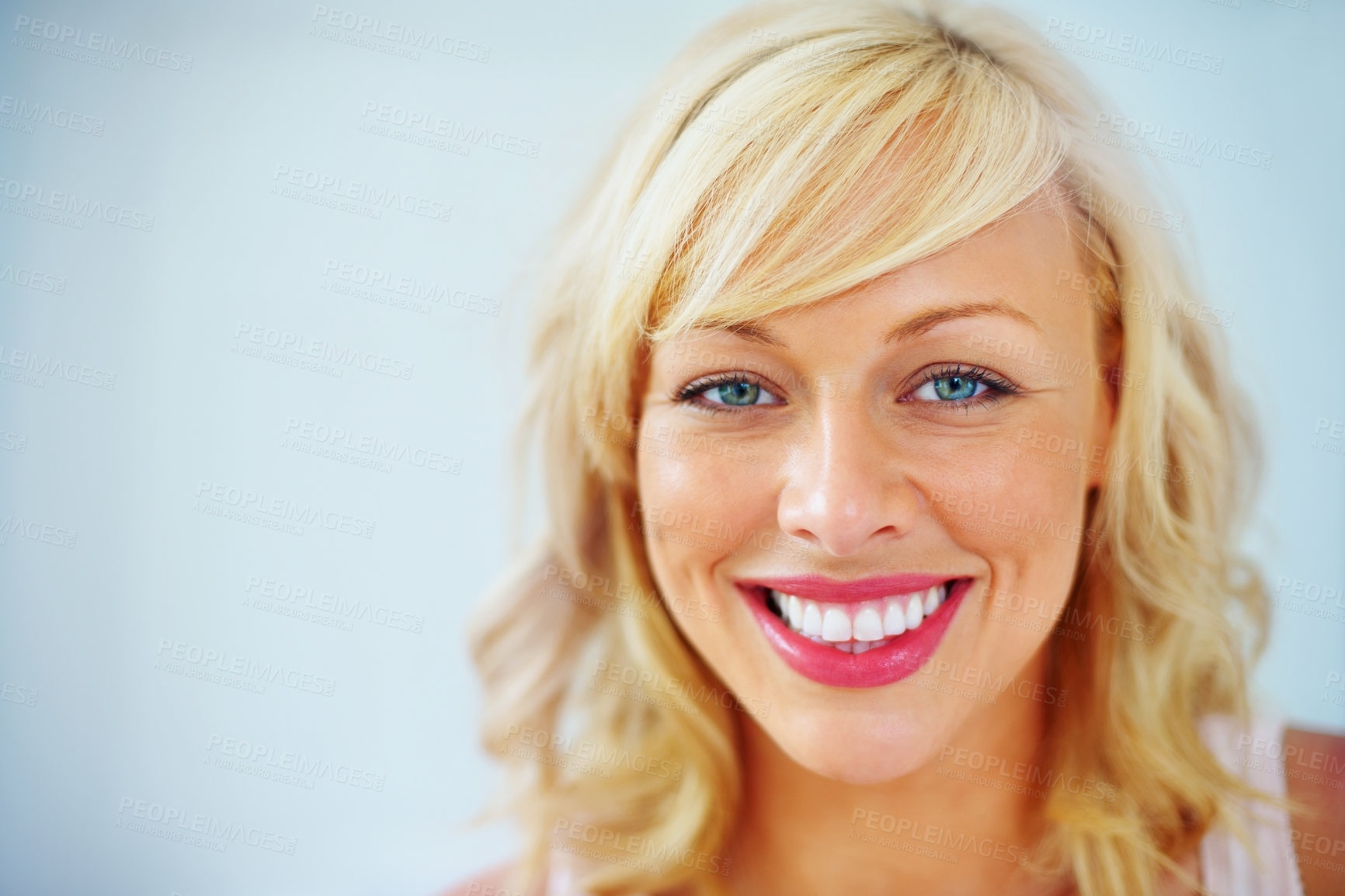 Buy stock photo Portrait, skincare and beauty of happy woman in makeup isolated on a white background mockup. Face, cosmetics and blonde model in spa facial treatment, lipstick and healthy glow, shine or young