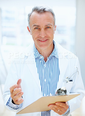 Buy stock photo Question, health and portrait of doctor with clipboard, chart or survey for insurance and medical information. Surgeon, man and talking with paperwork, report or checklist at clinic or hospital