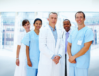 Buy stock photo Portrait, smile and doctor with healthcare, nurse and career with happiness, clinic and diversity. Face, people and group with medical, professional or about us in a hospital, cooperation or wellness