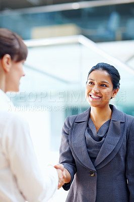 Buy stock photo Business women, handshake and introduction to job interview, Human Resources meeting or welcome for hiring. Professional people or clients shaking hands for recruitment, career success or opportunity