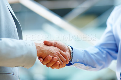 Buy stock photo Corporate people, shaking hands and welcome to meeting, partnership and introduction for deal at law firm in lobby. Closeup of business lawyer or clients handshake for success, support and consulting