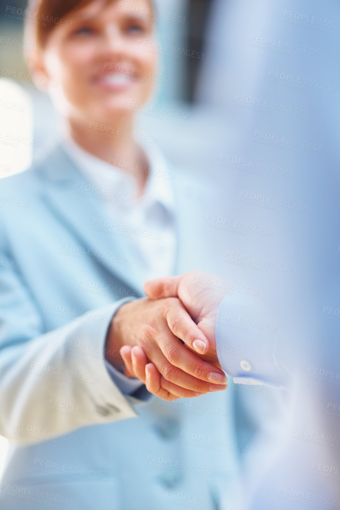 Buy stock photo Happy business people, handshake and meeting for deal, b2b or corporate partnership at office. Businessman and woman shaking hands in greeting, introduction or company agreement together at workplace