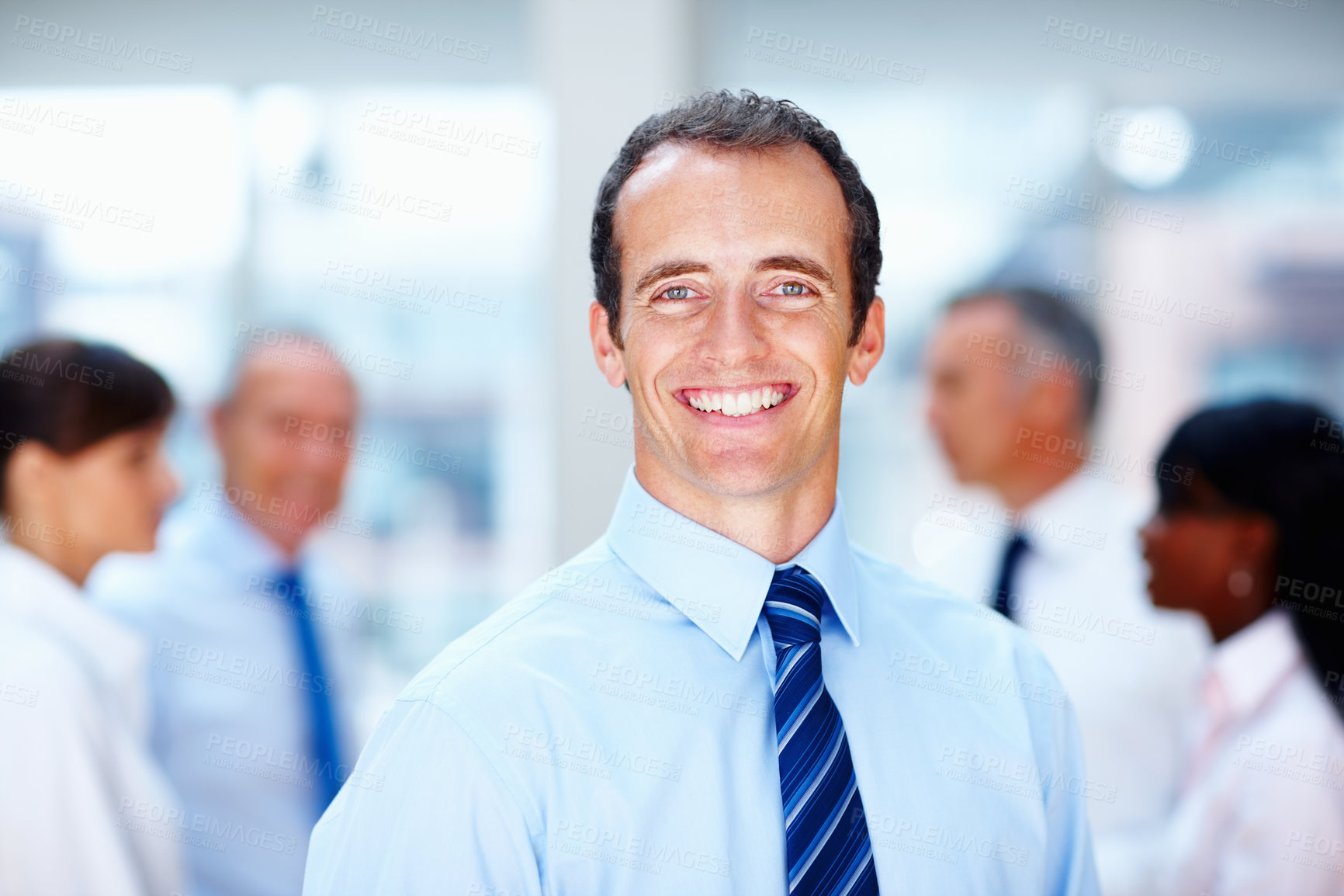 Buy stock photo Smile, meeting and portrait of business man with team for conversation, discussion and planning. Corporate worker, company and face of happy worker for professional career, job and work in office