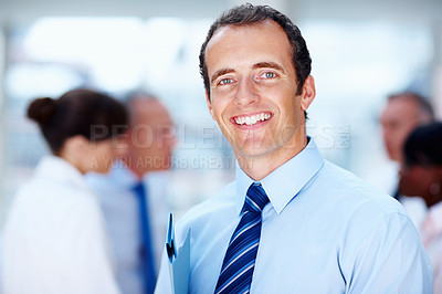 Buy stock photo Happy, meeting and portrait of business man with team for collaboration, leadership and management. Corporate worker, company and face of manager for professional career, job and work in office