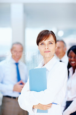 Buy stock photo Office, documents and portrait of business woman with team for collaboration, leadership and management. Corporate worker, company and face of manager for professional career, job and law firm