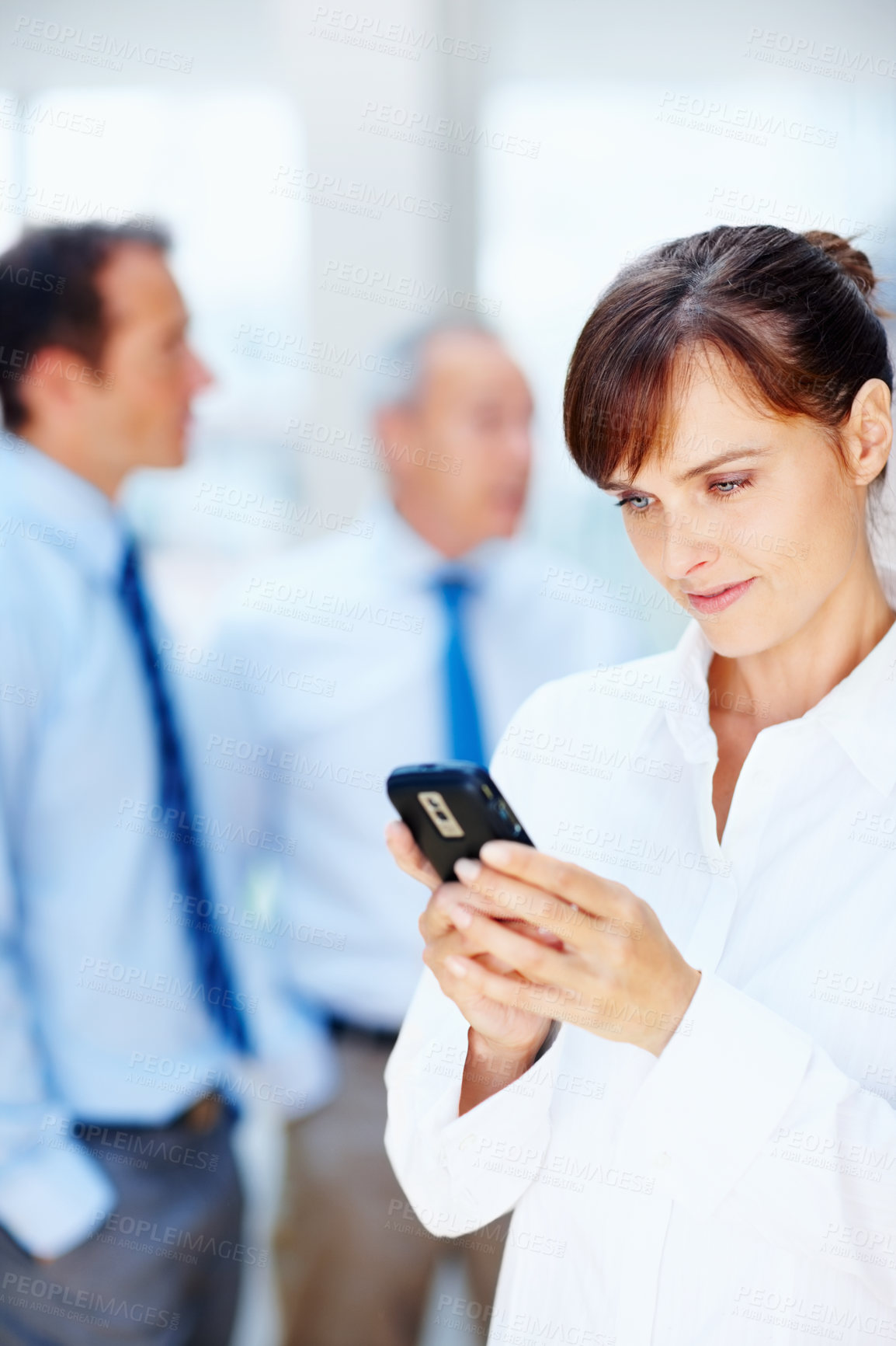 Buy stock photo Business people, typing and woman with a smartphone, connection and internet with team, contact and deadline. Person, employee or agent with cellphone, mobile user and digital app with online reading