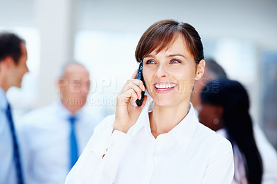 Buy stock photo Happy woman, phone call and business discussion for communication or networking at office. Female person or employee smile and talking on mobile smartphone for conversation or proposal at workplace