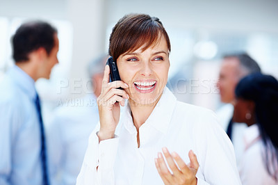 Buy stock photo Happy woman, phone call and laughing for funny joke, communication or networking at office. Female person or business employee smile and talking on mobile smartphone for fun conversation workplace