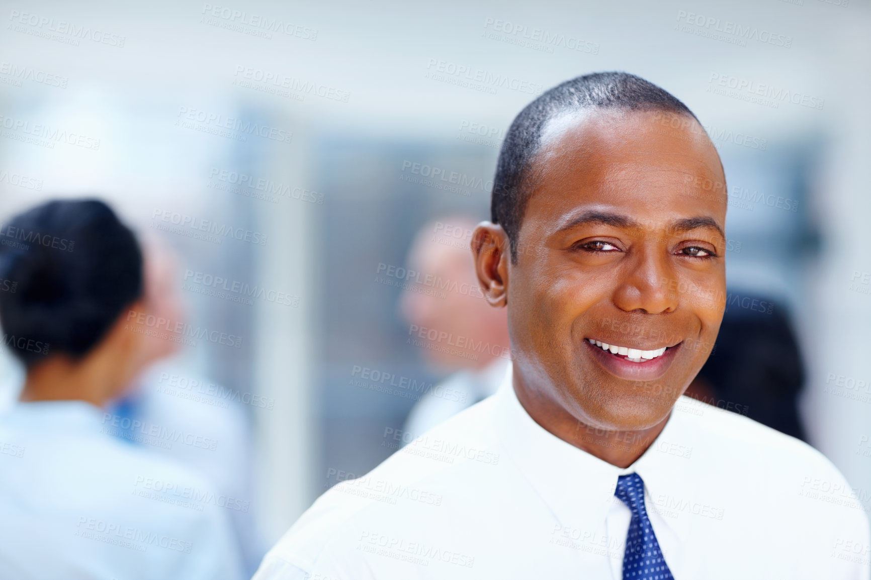 Buy stock photo Meeting, office and portrait of business black man with staff for collaboration, leadership and management. Corporate worker, company and face of manager for career, job and opportunity in workplace