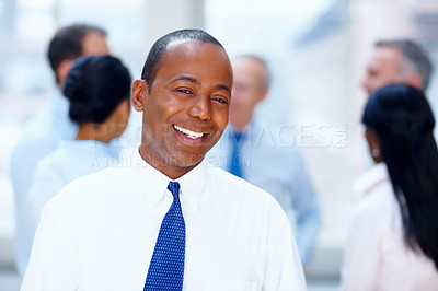 Buy stock photo Corporate, meeting and portrait of business man with team for collaboration, leadership and management. Happy worker, company and face of manager for professional career, job and teamwork in office
