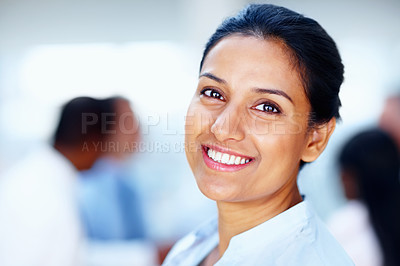 Buy stock photo Business woman, workplace and portrait in a office of a lawyer with confidence and smile. Happy, working and company employee from India ready for attorney and law firm with corporate legal staff