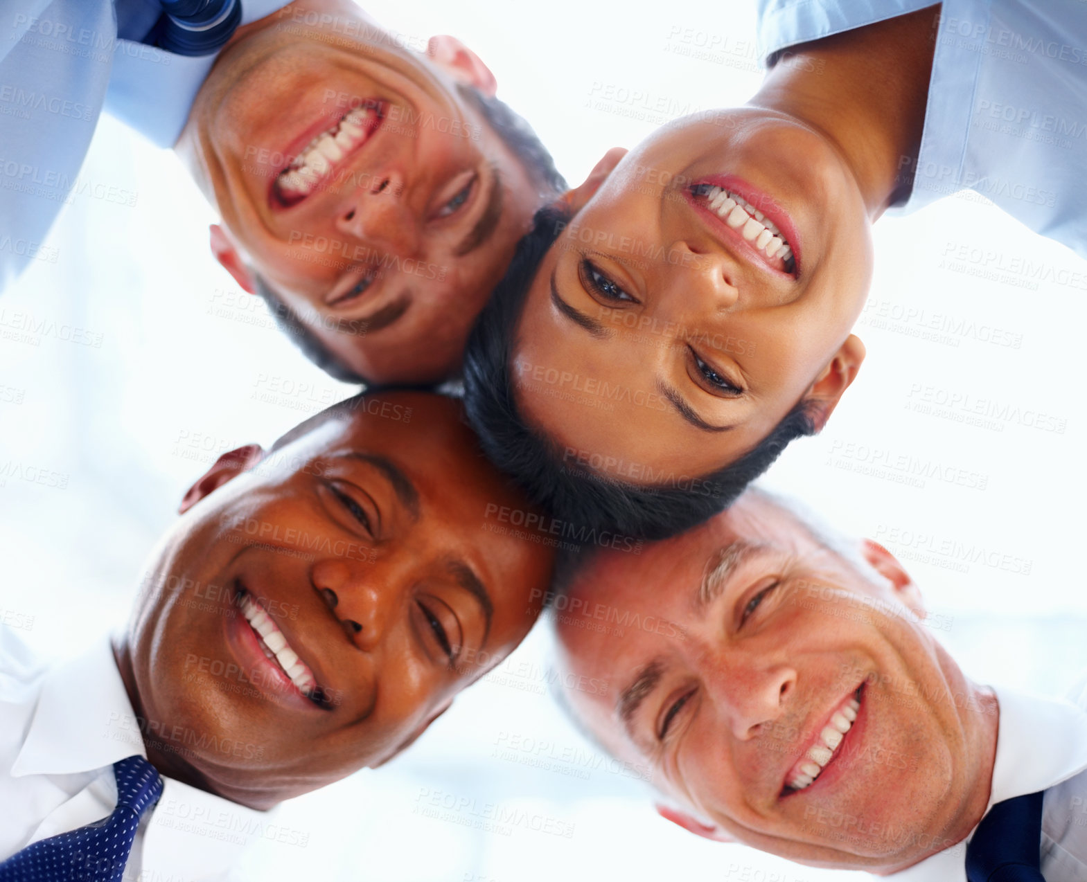Buy stock photo Portrait, businesspeople and huddle with low angle in office with closeup for diversity, trust and support with circle. Corporate, team and together with smile for unity, solidarity and inclusion