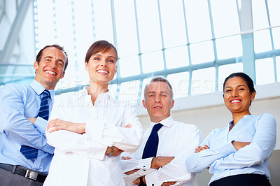 Buy stock photo Happy business people, portrait and professional team in confidence at office for leadership or management. Group of executive employees smile with arms crossed in teamwork or mission at workplace