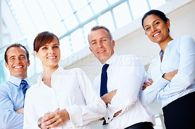Buy stock photo Portrait, smile and business people with teamwork, cooperation or mentor with coaching, corporate training or professional. Face, group or manager with employees, help or low angle in a workplace