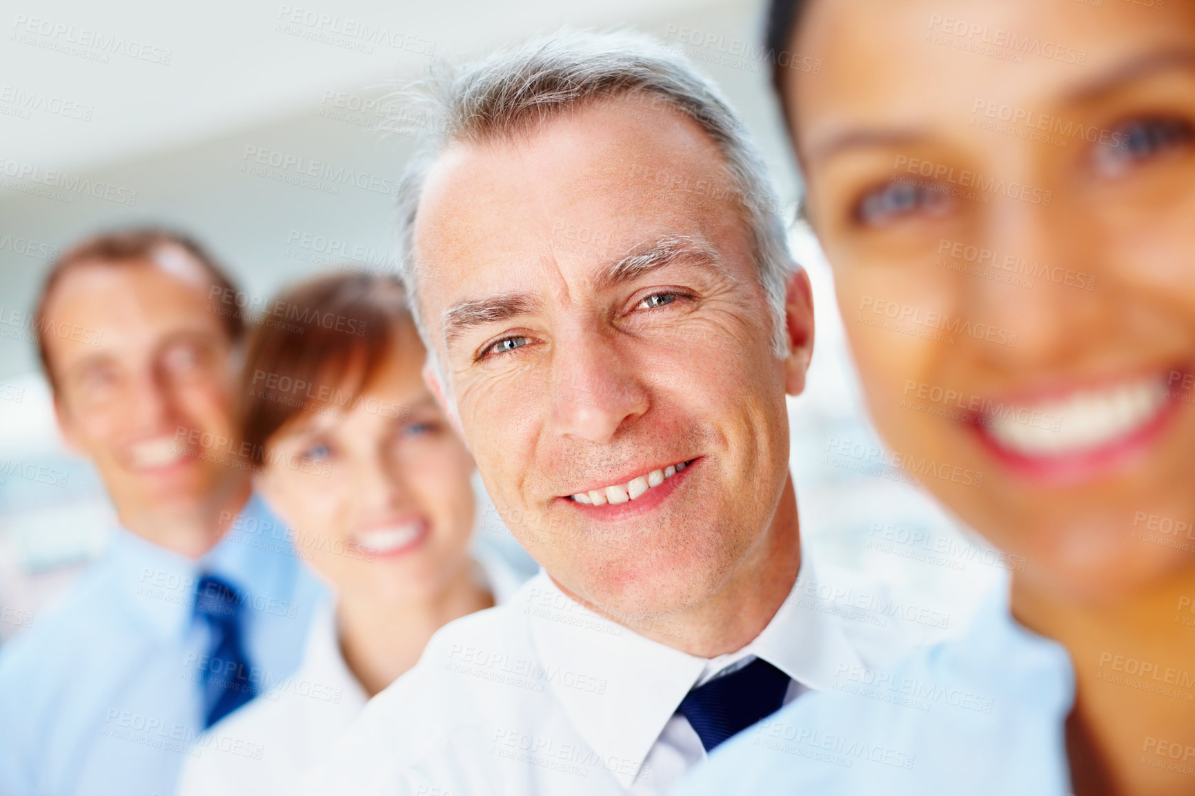Buy stock photo Smile, portrait of senior businessman with team in office for positive, good and confident attitude. Happy, collaboration and professional elderly male manager from Canada with people in workplace.