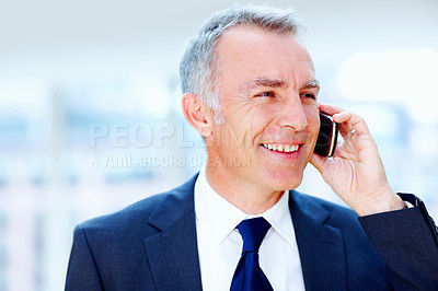 Buy stock photo Office, listening and mature man with phone call for talking, networking and discussion of case with contact. Thinking, male lawyer and calling with mobile for communication, legal advice and justice