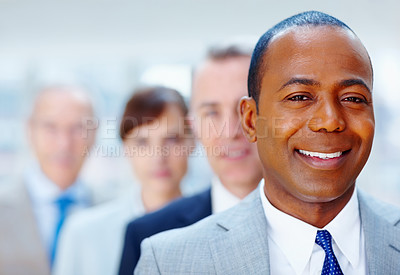 Buy stock photo Man, portrait and leader for team, line and ceo or director for business in office. Colleagues, happy and smile for management and male person for pride, diversity and corporate entrepreneur 