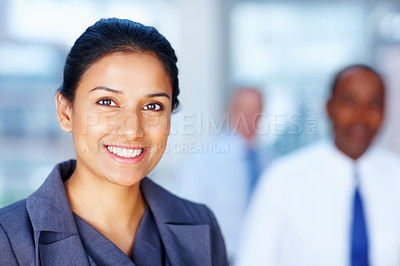 Buy stock photo Business woman, portrait and happy face with confidence for career or corporate ambition at office. Young female person or employee with smile, team or colleagues for company management at workplace