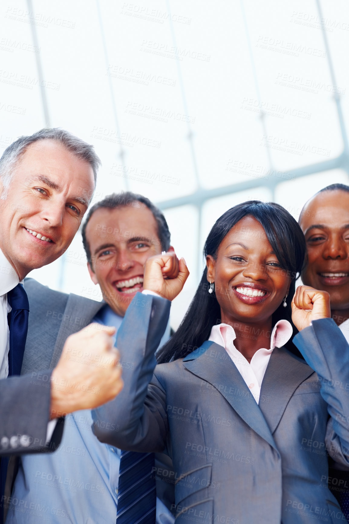 Buy stock photo Happy, office and portrait of business people with celebration for company, merger and growth. Corporate, diversity and financial employees with pride for b2b acquisition, success and integration