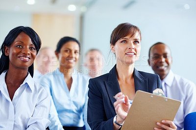Buy stock photo Happy business people, listening and meeting in presentation or corporate workshop at office. Group of employees smile for talk in staff training, team conference or seminar together at workplace