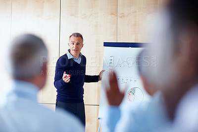 Buy stock photo Business people, seminar and man with presentation, finance and coaching with training, audience and investment. Staff, manager and employee with feedback, graphs and budget with meeting or workshop