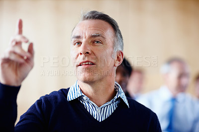 Buy stock photo Businessman, hand and question for discussion at conference, workshop or seminar in New York. Mature person, male ceo and gesture for talking, about us or faq in audience, speaker and presentation
