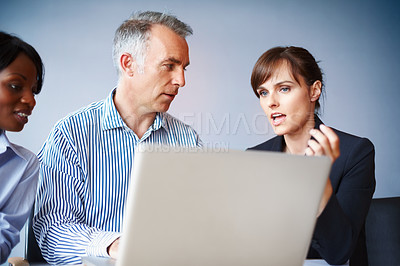 Buy stock photo Business people, teamwork and laptop with brainstorming, ideas and planning with collaboration, company website and cooperation. Group, meeting and man with women, office and computer with support