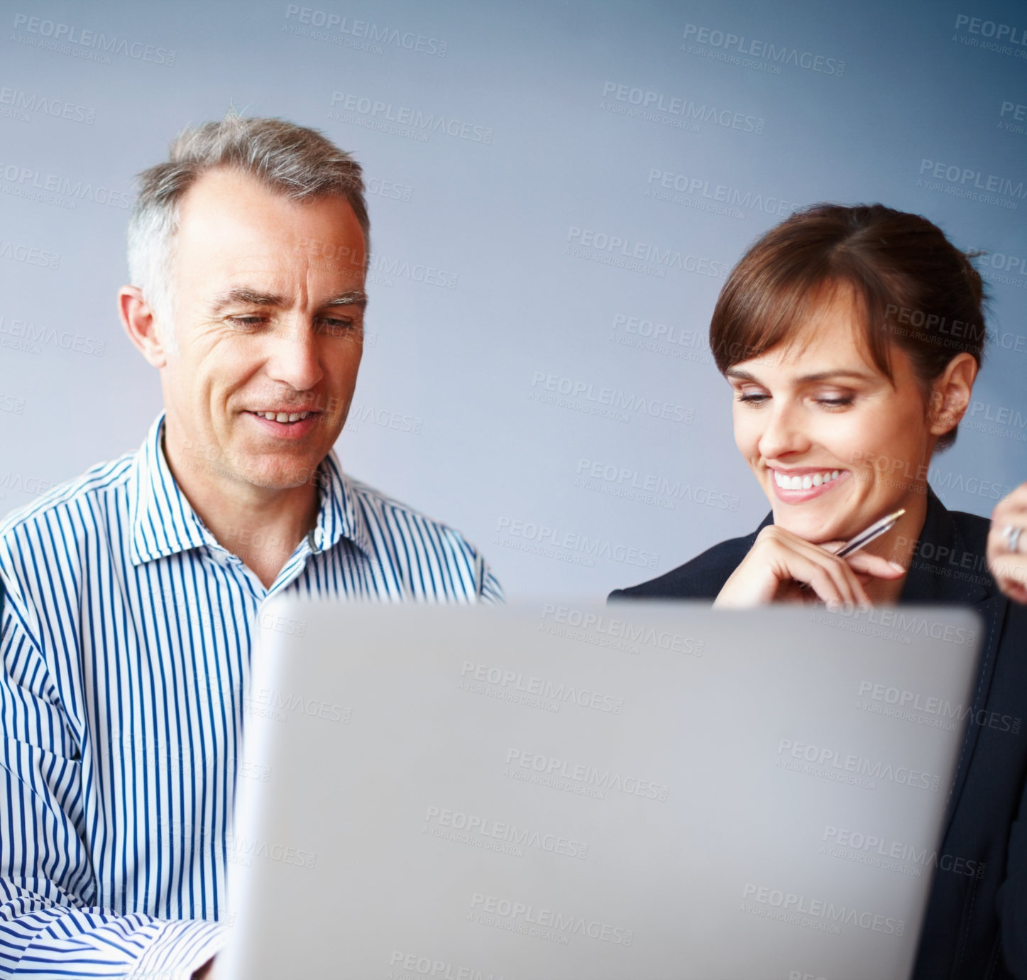 Buy stock photo Conversation, planning and business people with a laptop, meeting and discussion with project, coaching and internet. Cooperation, staff and woman with man, computer and research with ideas or mentor