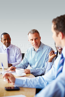 Buy stock photo Business people, meeting and teamwork with planning, conversation and brainstorming in a workplace. Staff, group and manager with employees, cooperation and collaboration with partnership and project