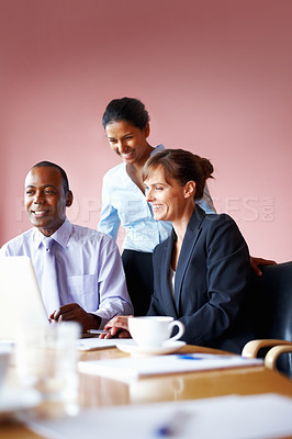 Buy stock photo Collaboration, meeting and a business team with a laptop in an office for planning or strategy. Smile, diversity or discussion with corporate men and women working on a computer for company vision