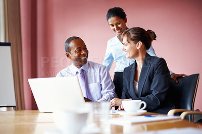 Buy stock photo Teamwork, business people and meeting with a laptop in an office for planning or strategy. Smile, collaboration or diversity with corporate men and women working in the boardroom for company vision