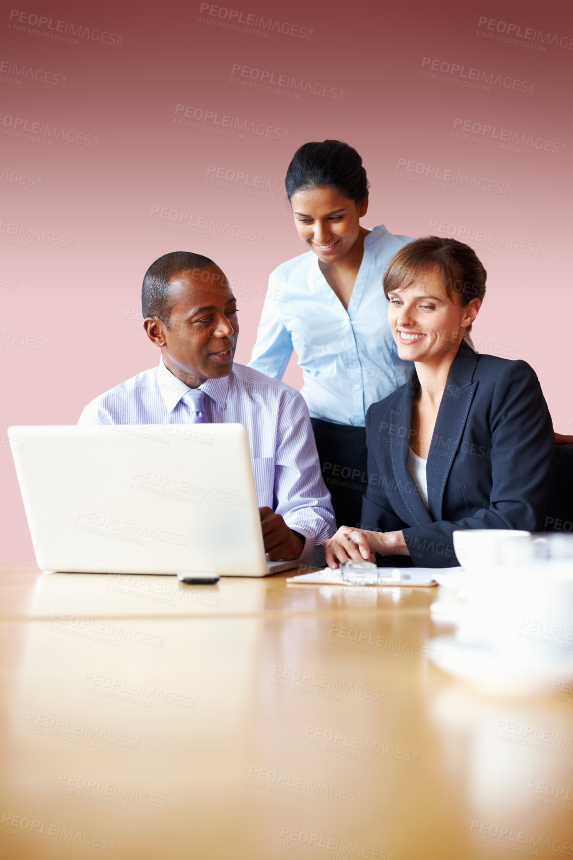 Buy stock photo Collaboration, business people and planning on a laptop in the boardroom for strategy or discussion. Smile, teamwork or diversity with corporate men and women meeting for company vision or growth