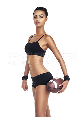 Buy stock photo Sports, portrait and African woman with football for exercise fitness, competition game or performance challenge. Health girl, studio workout and training football player isolated on white background