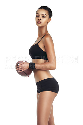 Buy stock photo Sports portrait, exercise and black woman with football for fitness, competition game or studio performance challenge. Health, workout profile or training football player isolated on white background