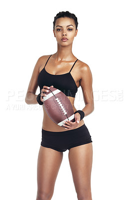Buy stock photo Sports, studio portrait and black girl with football for exercise fitness, competition game or performance challenge. Health woman, workout and training football player isolated on white background