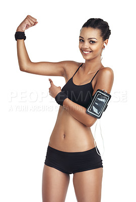 Buy stock photo Portrait, strong arm and black woman point at bodybuilder training, fitness workout and health exercise results. Girl listening to music, radio podcast and studio model isolated on white background